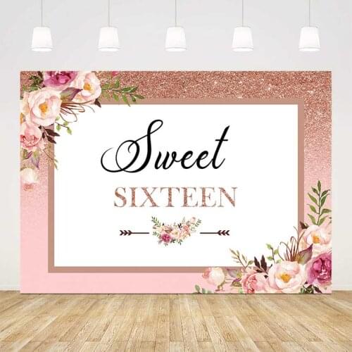 Sweet Sixteen Birthday Floral Backdrop Rose Glitter Birthday Background for photo shoot Rose Flowers girl 1st birthday backdrop