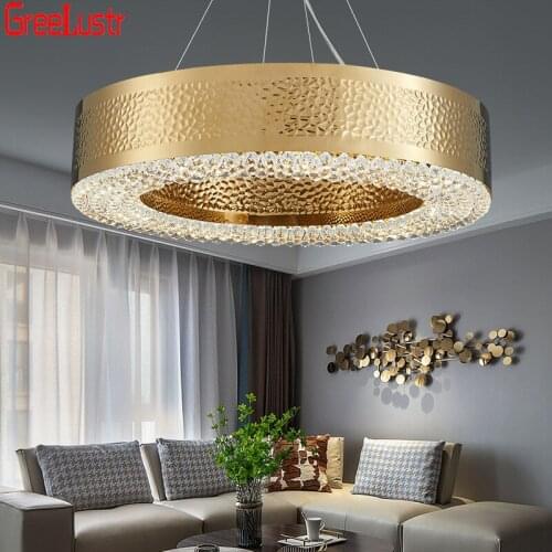 Modern Gold Round Led Chandeliers Light Luxury Crystal Art Deco Hanging Lamp Ceiling Pendant Lampara for Bedroom Light Fixtures