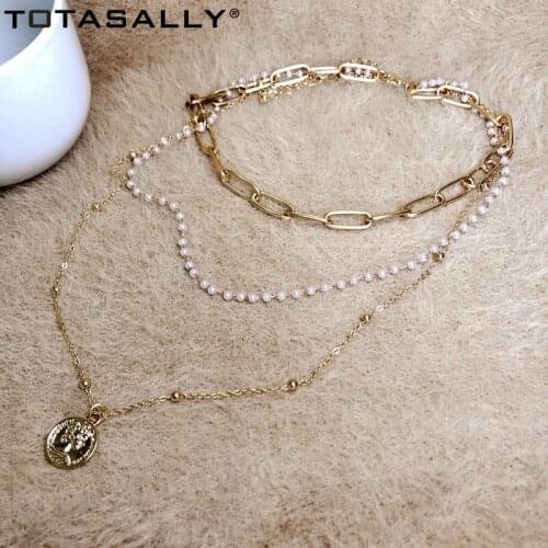 TOTASALLY Fashion Womens Simulated Pearl Beaded Curb Chain Coin Pendant Necklace For party show Lady Jewelry Gifts Dropship