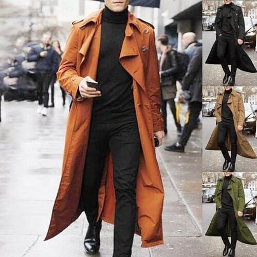 Mens Long Trench Coat Lapel Fashion Casual Overcoat Outwear Double Breasted Spring and Autumn