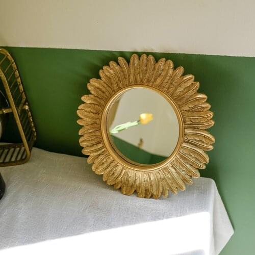 Vintage Sun Mirror Mural Decoration Wall Hanging Livingroom Background Gold Feather Flower Decorative Mirrors