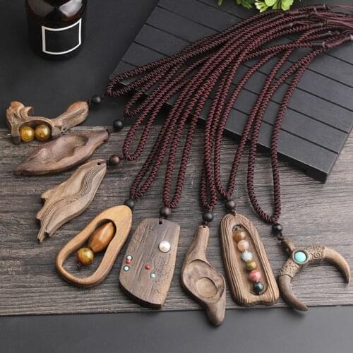 Vintage Long Wooden Necklace Creative Natural Stone Pendant Men Women High Quality Jewelry Gifts Smooth Adjustable Sweater Chain