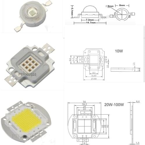 High Power LED Chip 1W 3W 5W 10W 20W 30W 50W 100W Warm Cold White Red Green Blue Yellow RGB SMD COB Light Lamp Beads Integrated