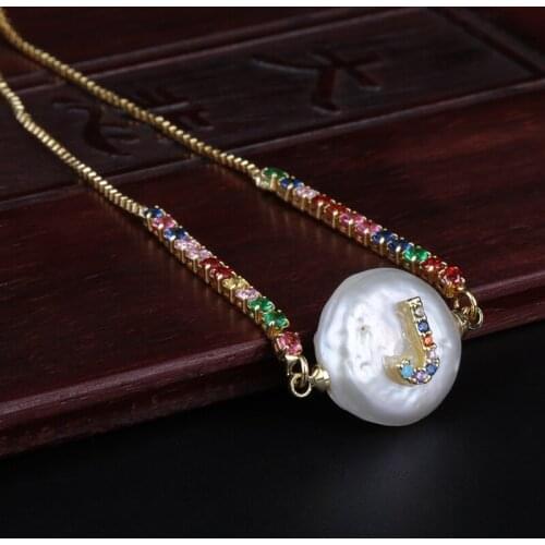 Rainbow Colors Cz Cubic Zirconia Initial J Alphabet Letter Name Natural Freshwater Pearl Gold Rainbow BraceletS For Women Girl