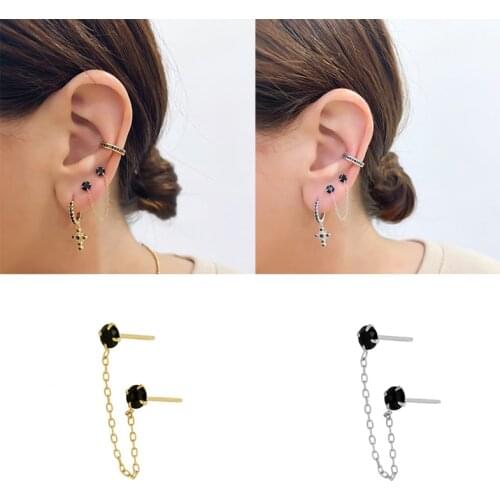 Fine Jewelry 925 Sterling Silver Black Zircon Cross Stud Earring for Women Girls Engagement Anniversary Earring Chain Gift