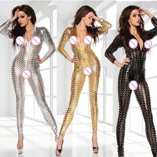 Womens Jumpsuit Catsuit Romper Metallic Bodysuit Sexy Clubwear Stripper Leather Hollow Out Catsuit Wetlook Jumpsuit