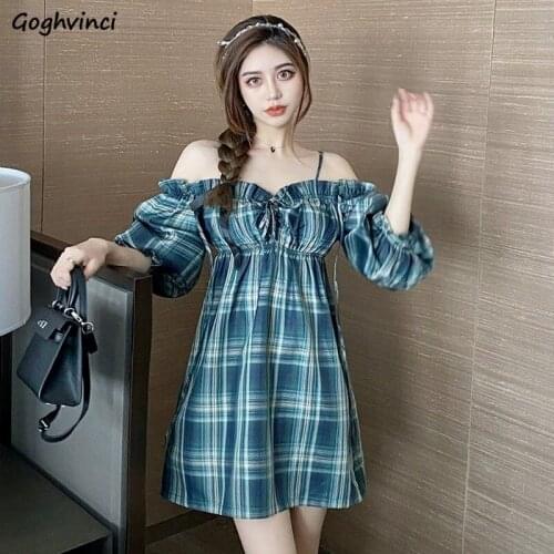 Dress Women Summer Green Plaid Maiden Vintage Sweet Clothing Female Casual Lovely Japanese Style Edible Tree Fungus Popular Girl