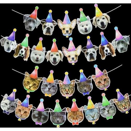 1 Pcs Amimal Bunting Cartoon Cat Dog Face Hat Pet Paper Garland Flag Kids Birthday Party Decoration Supplies Banner Pull Flower