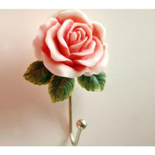 1pc Lovely Rose Flower Hooks for Hanging Wall Mounted Vintage Coat Robe Towel Hanger Resin Clothes Holder Bathroom Home Decor