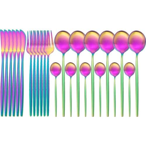 24pcs/48pc Rainbow Dinnerware Set 304 Stainless Steel Cutlery Set Fork Knife Spoon Flatware Set Kitchen Tableware Silverware Set