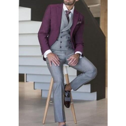 3 Piece Purple Men Suits Light Grey Vest Pant Costume Homme Slim Fit Tuxedo Wedding Groom Terno Masculino Peak Lapel Blazer