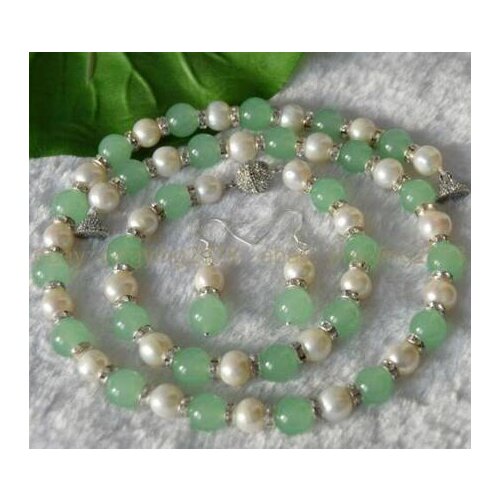 9-10mm Genuine White Cultured Pearl Natural Green Jade Necklace Bracelet Earring