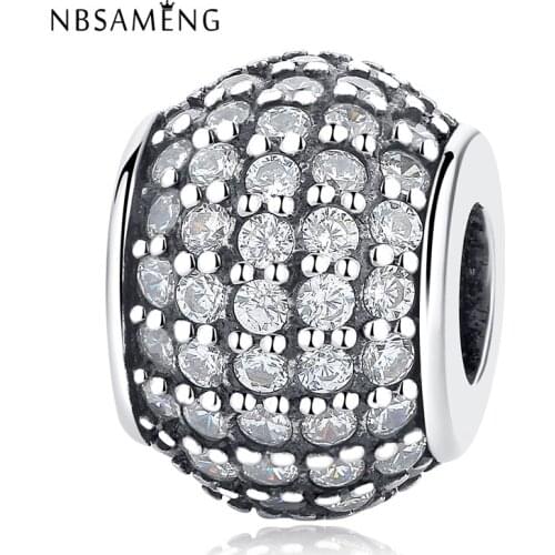 925 Sterling Silver Bead Pave Ball With Clear Cubic Zirconia Charm Fit Bracelets & Bangles For Women DIY Jewelry