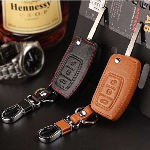 Genuine Leather Key Remote Cover Case Protect For Ford Fiesta Focus 2 Ecosport Kuga Escape 3 Buttons Car Flip Key Accessaries