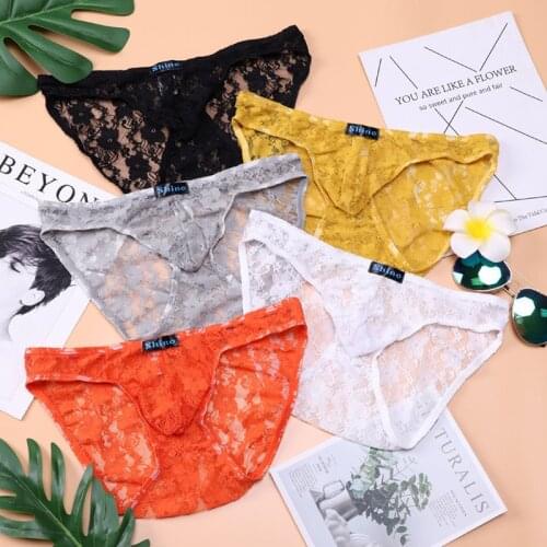Men Briefs Sexy Flower Lace Transparent Underwear Mesh Breathable Tanga String Homme Bikini Calzoncillo Hombre Slip Gay Panties