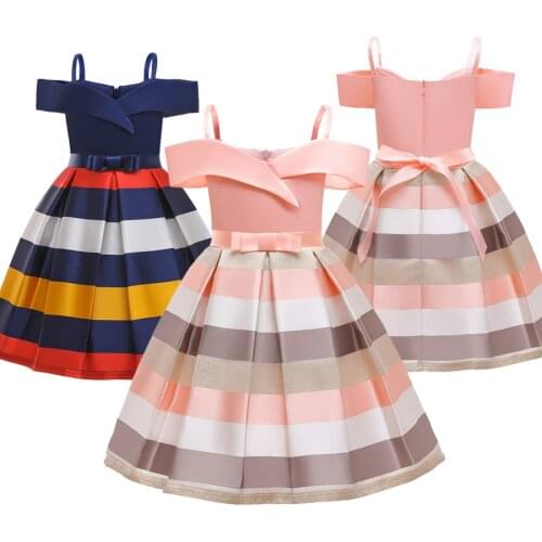 Elegant Girls dress Summer Childrens wear suspender Cross Princess Striped Kids off-the-shoulder Dress robe fille 4 6 8 10 12 Y