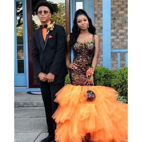 Elegant Colorfule Sparkle Sequins Mermaid Evening Dresses Ruffles Spaghetti Tulle Puffy Train Evening Gowns Sexy Party Dresses