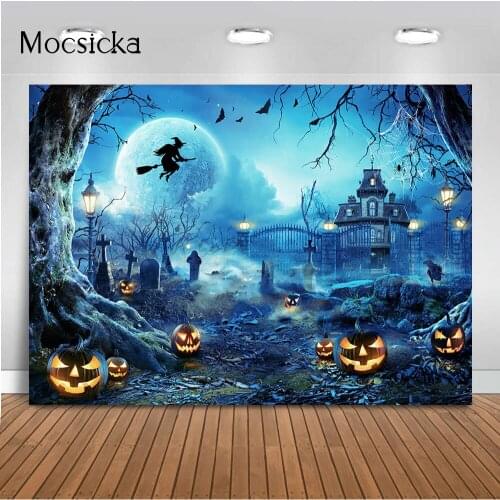 Blue Night Tombstone Backdrop for Photography Children Kid Portrait Photo Background Evil Witch Pumpkins Photoshoot Castle Props