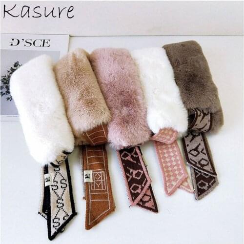Kasure New Fashion Faux Rabbit Fur Collar Scarf For Women Winter Warm Skinny Knitted Neckerchief For Ladies Muffler