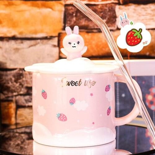 Rabbit ceramic cup with cover and spoon female lovely creative Mug personalized water cup fashion office couple coffee