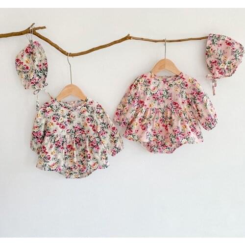 Newborn Baby Girls Romper Boutiques Cotton Long Sleeve Floral Summer Jumpsuits+hat For Girls Cute Clothes Rompers Photo Props