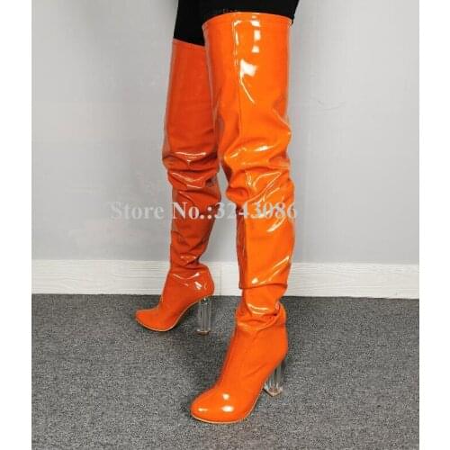 New Orange Patent Leather Chunky Heel Woman Long Boots Sexy Transparent Thick Heel Over the Knee Thigh High Boots Real Photos