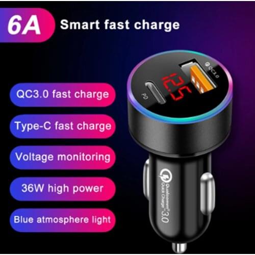 NEW PD USB Car Charger USB LCD Display Mini Quick Charge 3.0 6A 36W QC3.0 Fast Charger For iPhone 12 Huawei Xiaomi Type C Phone