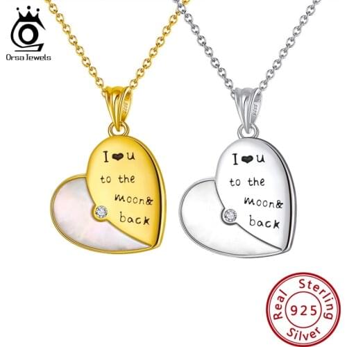 ORSA JEWELS "I Love You to The Moon & Back" Pendant Necklace 925 Silver Mother of Pearl Heart Necklace Vindication Gift SN289