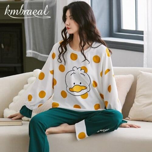 Pajamas for Women Cotton Autumn Long-Sleeved Trousers 2 Piece Homewear Cartoon Duck Comfortable Sleepwear Winter Plus Size M-3xl
