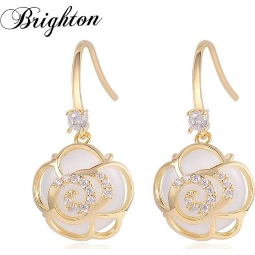 Brighton Temperament Shiny Zircon Petal Opal Pendant Drop Dangle Earring For Women Weeding Trendy Jewelry Gift Hot Sale 2021