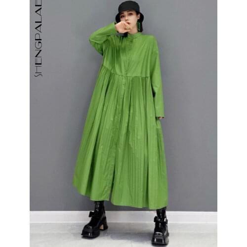SHENGPALAE Fashion Green Pleated Shirt Dress Womens Autumn 2021 New Stand Collar Loose Single Breasted Mid-calf Dresses Female