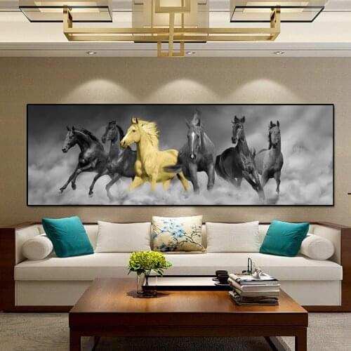 Six Running Black and Gold Horse Animal Canvas Painting Wall Art Posters And Prints For Living Room Bedroom Decor No Frame