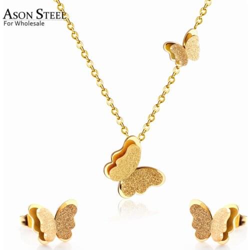 ASONSTEEL Stylish Frosted Butterfly Pendant Necklace and Stud Earrings Set Stainless Steel Jewelry Set for Women Daily Wear