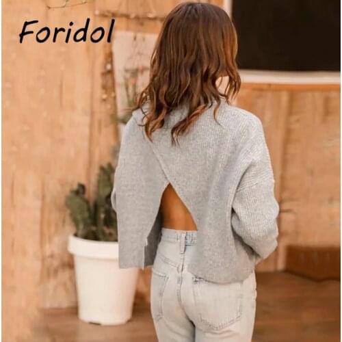 Oversized Backless Knitted Sweater Outfit Women Vintage Long Sleeve Gray Autumn Winter Jumper Fashion Pullover Outfit