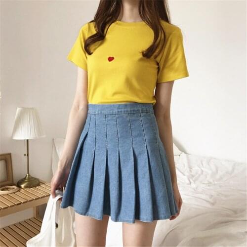 Casual Women Skirt Korean Denim Color Summer Fashion High Waist A Line Pleated Mini Skirt School Style Trendy Bottoms Streetwear