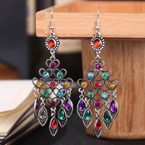 Bohemian Vintage Rhinestone Earrings Women 2020 Ethnic Style Antique Silver Color Hollow Heart Water Drop Tassel Long Earrings