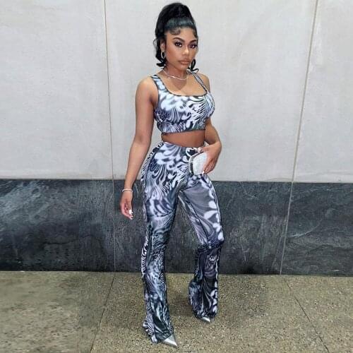 Vintage Tie Dye Print 2 Piece Set Female Y2K Clothes Street Wear Sleeveless Tank Crop Top and Bell Bottom Trouser Club Outfits