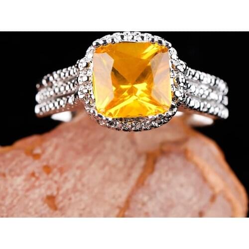 Fashion Geometric Square Crystal Stone Rings for Women Wedding Engagement Silver Color Yellow Zirconia Finger Ring Jewelry