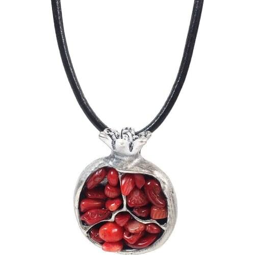 Ethnic Alloy Oriental Charm Of Pomegranate Stone Pendant Necklace Women Black Leather Ethnic Pendant Necklace Fashion Jewelry