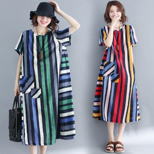Womens Dresses New Arrival 2019 Robe Vintage Femme Striped Dress Pocket Loose Oversize Midi Boho Literary Ethnic Dress TA1563