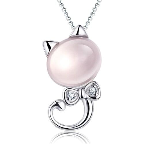ModaOne 925 Sterling Silver Pink Moon Light Stone Cat Pendant Neckace For Women Gift 45cm Box Chain collares kolye