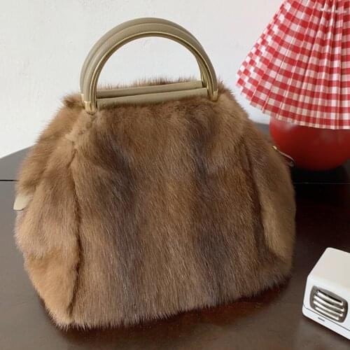 100%Mink Fur Bag Tote Bag Handbag Brand Party Bag Ladies Handbag Luxury Designer Evening Bag Mink Leather