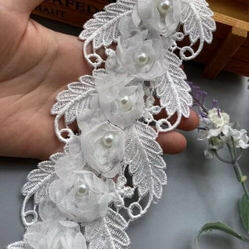 2 Yard White Pearl Soluble Flower Embroidered Lace Trim Ribbon Floral Applique Fabric Handmade Wedding Dress Sewing Craft New