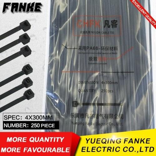 250Pcs/pack 4*300mm Width 3.6mm high quality National Standard Black color Self-locking Plastic Nylon Cable Ties,Wire Zip Tie