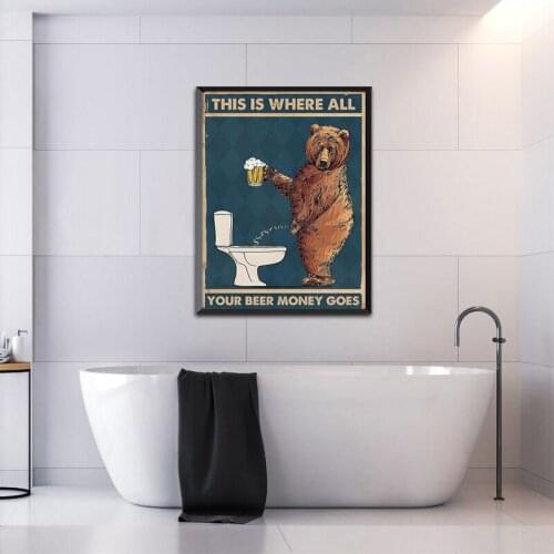Abstract Poster Grumpy Bear Drinking Beer To The Bathroom Canvas Poster Toilet Wall Home Bathroom Decoration Canvas Wall Art