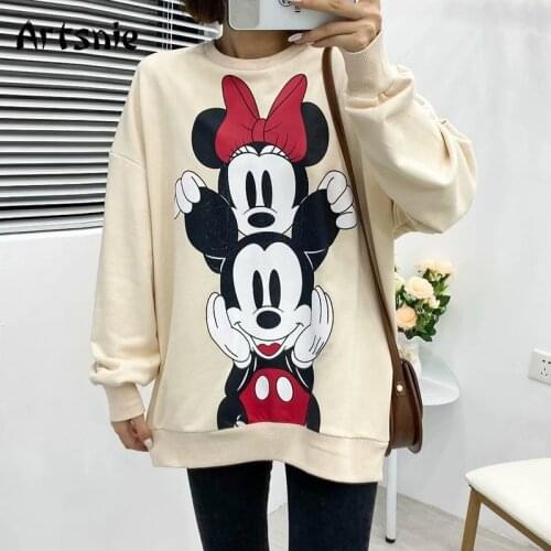 Artsnie Disney Minne Cartoon Sweatshirt Women Autumn O Neck Long Sleeve Oversized Hoodies Streetwear Beige Ladies Sweatshirts