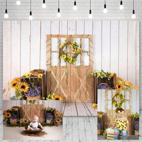 Avezano Floral Backdrops Birthday Party Baby Shower Sunflower Girl Wood Door Photography Background Photo Studio Photozone Decor
