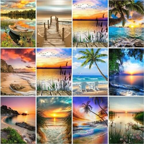 AZQSD Diy Paint By Numbers Seaside Sunset Hand Paind Kit Canvas Coloring By Numbers Landscape Wall Decor New Painter Gift