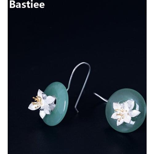 Bastiee Donglin Jade Dangle Silver Earrings 925 Women Jewelry Lotus Flower Drop Earrings For Women