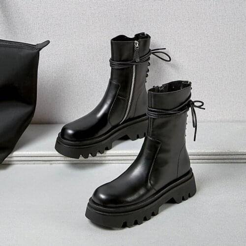 Shallow Genuine Leather Womens Ankle Boots Platform Zipper Chunky Heels Shoes for Women Basic Party Shoes Woman